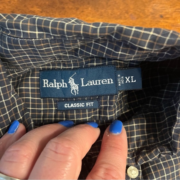 Ralph Lauren men’s navy tan cream plaid 100% cotton classic fit button down XL - Picture 3 of 7